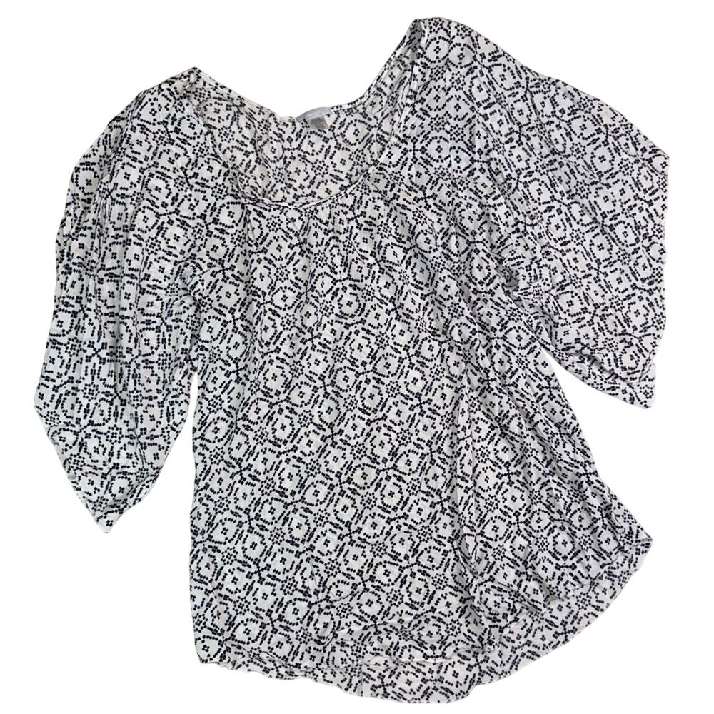 Eberjey White and Black Flowy Scoop Neck Tunic Top with Wide Sleeves Med / Large